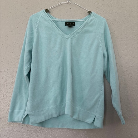 Eddie Bauer Sweaters - Eddie Bauer 100% Cotton baby blue v-neck cable knit sweater